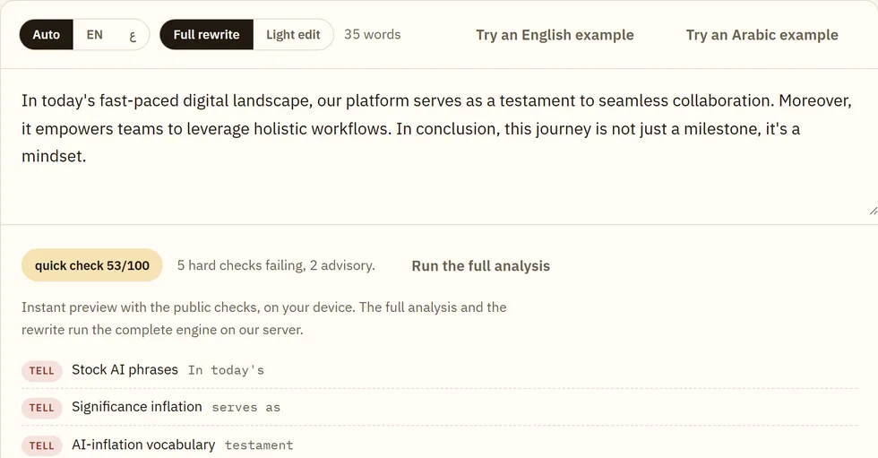 The Offbeat tool scoring a draft: the quick check and its evidence